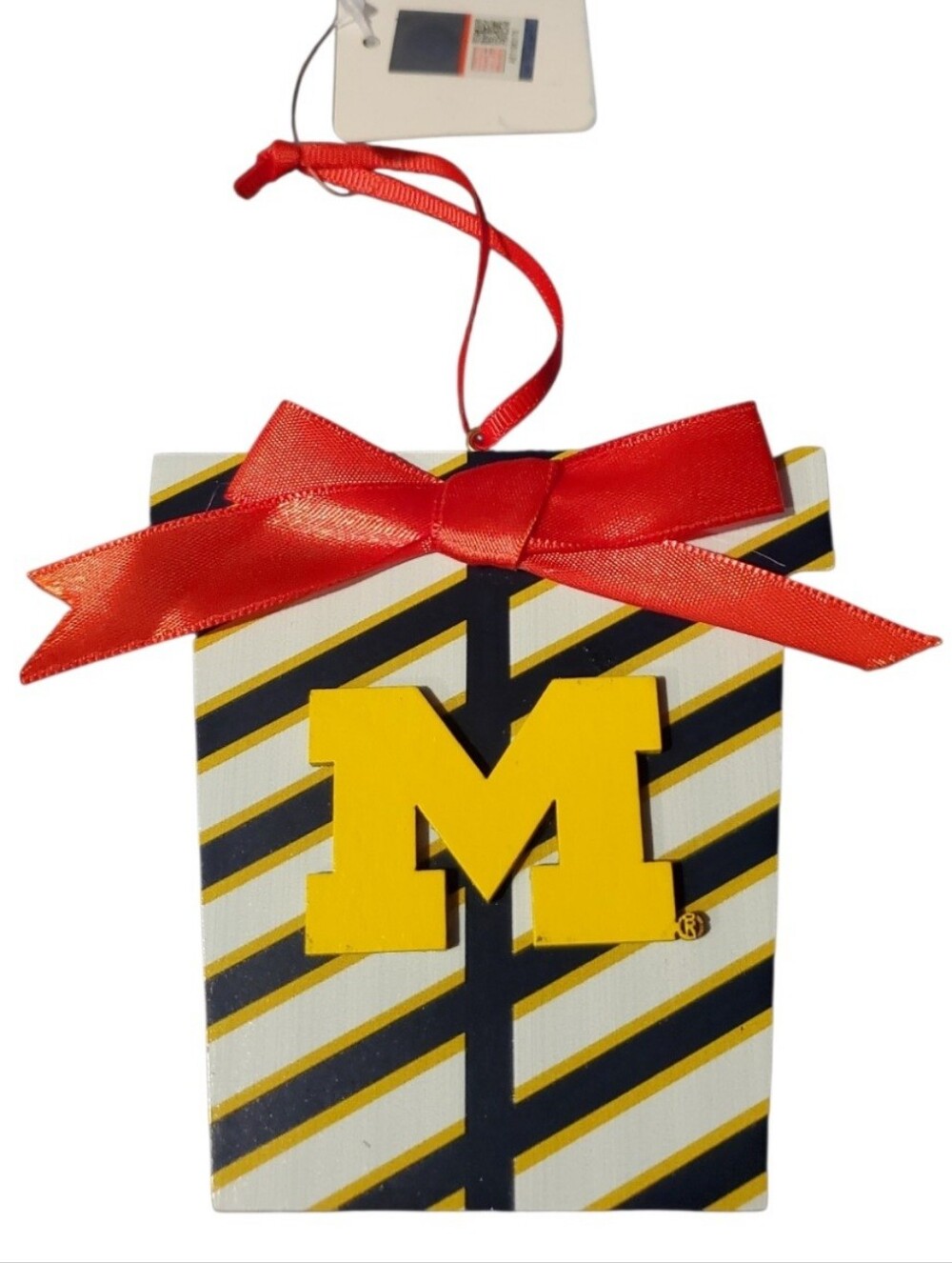 University of Michigan Yellow 'M' Striped Gift Box Style Christmas Tree Ornament